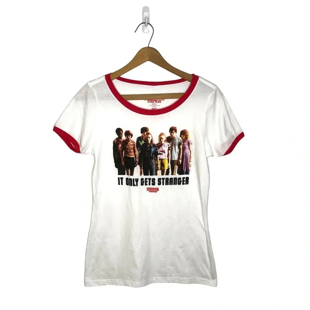 Netflix Stranger Things It Only Gets Stranger graphic print spell out Ringer tee